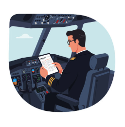 Pilot studies a flight plan inside the airplane flight deck with modern controls and instrumentation