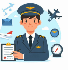 cartoon pilot in uniform with checklist and airplane in background